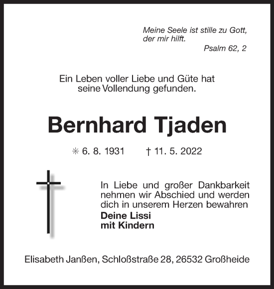 Traueranzeige von Bernhard Tjaden 