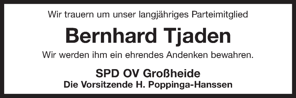 Traueranzeige für Bernhard Tjaden vom 17.05.2022 aus 