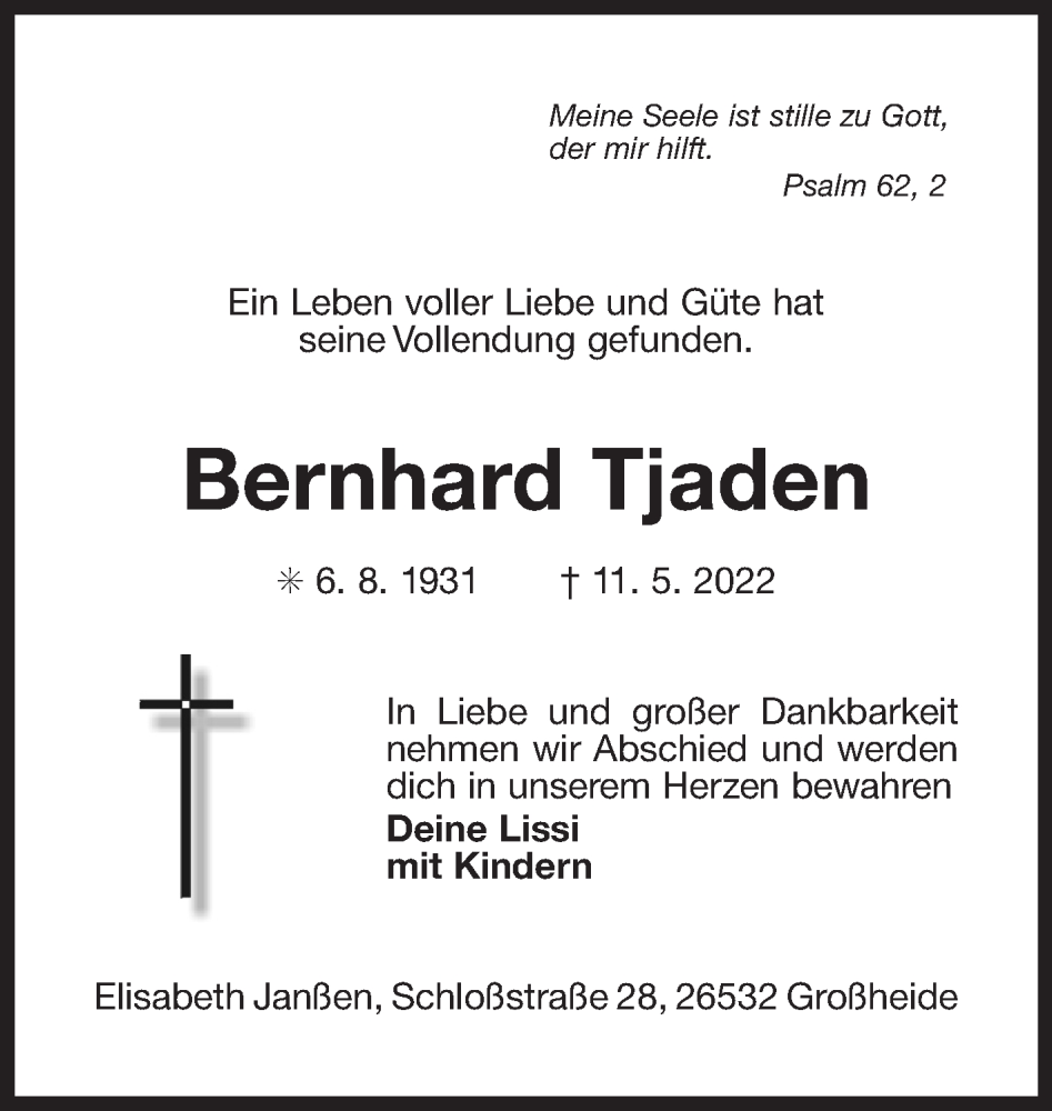  Traueranzeige für Bernhard Tjaden vom 14.05.2022 aus 
