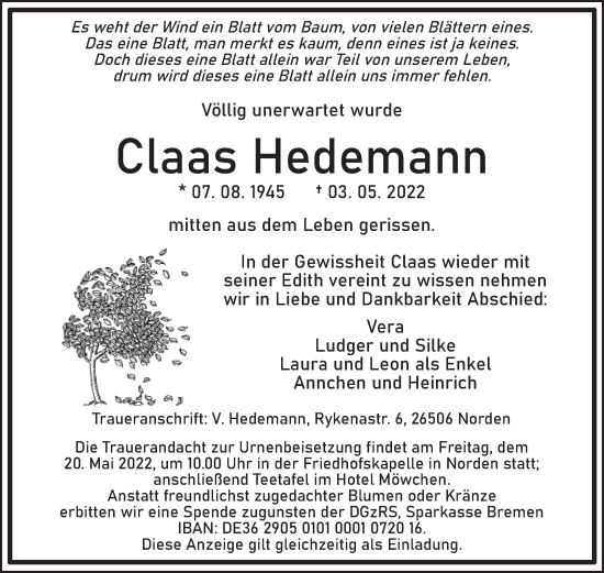 Traueranzeige von Claas Hedemann 