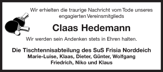 Traueranzeige von Claas Hedemann 