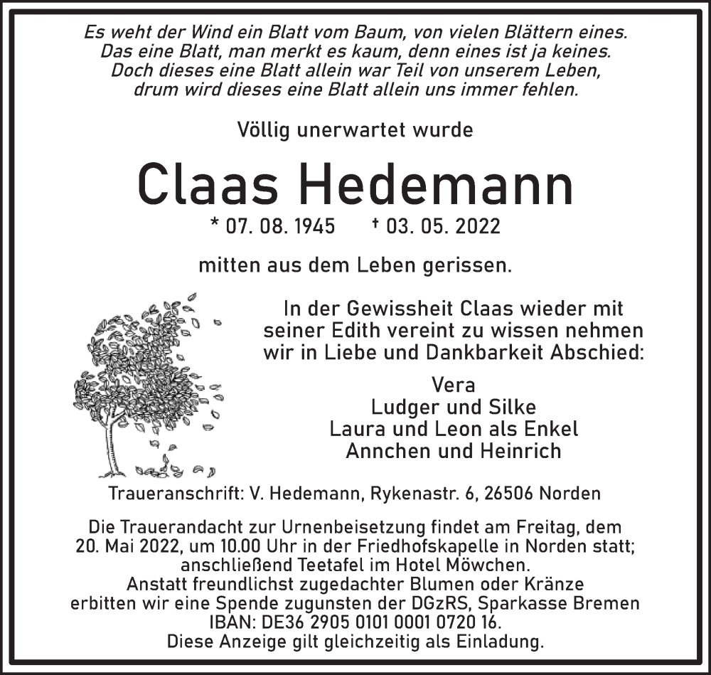  Traueranzeige für Claas Hedemann vom 14.05.2022 aus 