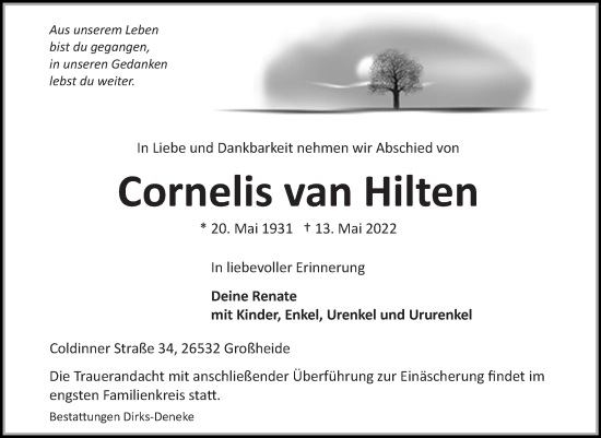 Traueranzeige von Cornelis van Hilten 