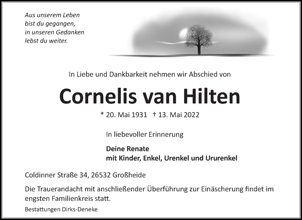  Traueranzeige für Cornelis van Hilten vom 14.05.2022 aus 