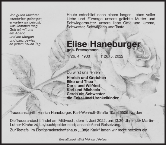 Traueranzeige von Elise Haneburger 