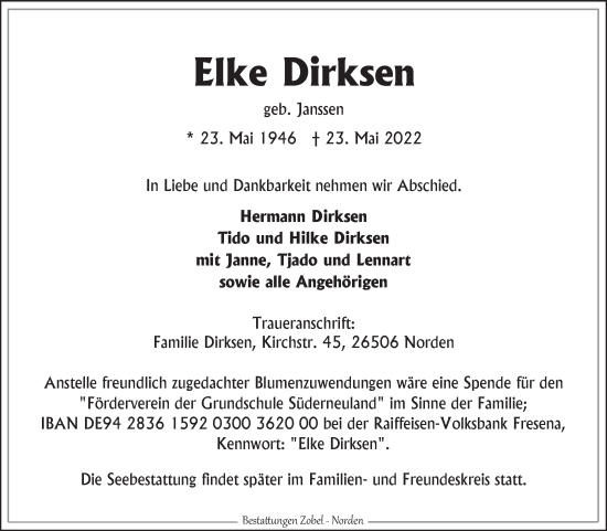 Traueranzeige von Elke Dirksen 