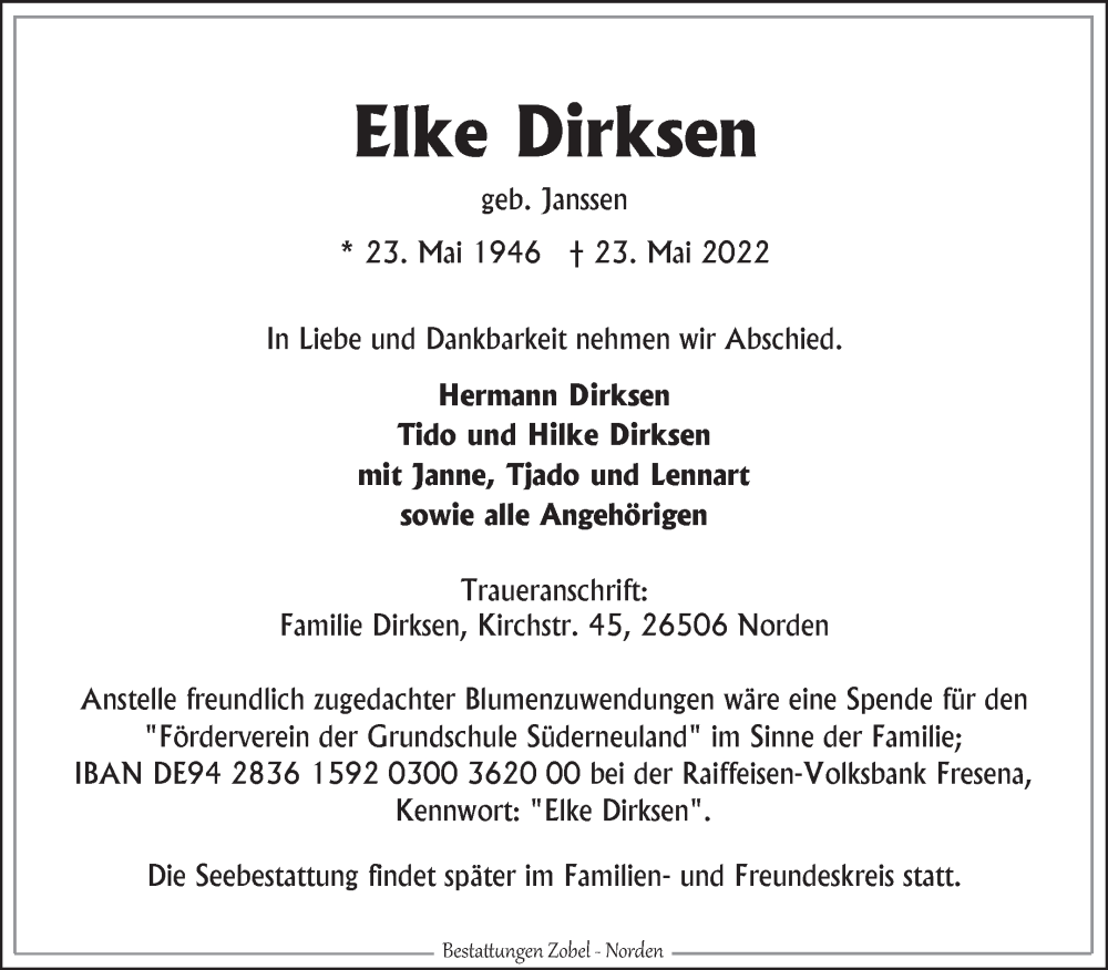  Traueranzeige für Elke Dirksen vom 28.05.2022 aus 