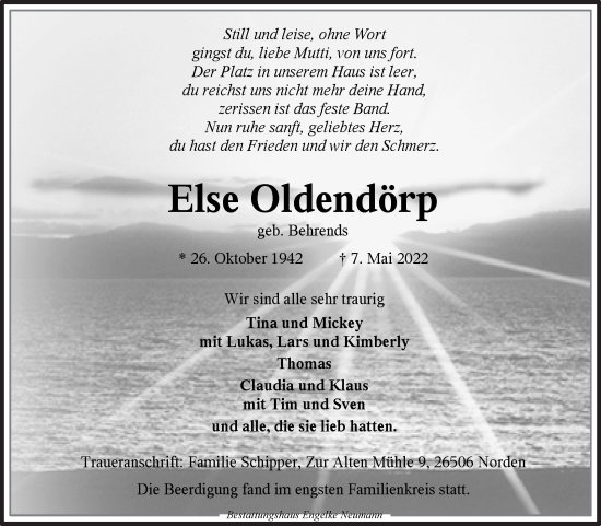Traueranzeige von Else Oldendörp 