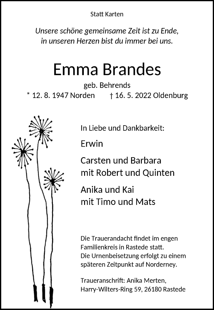  Traueranzeige für Emma Brandes vom 20.05.2022 aus 