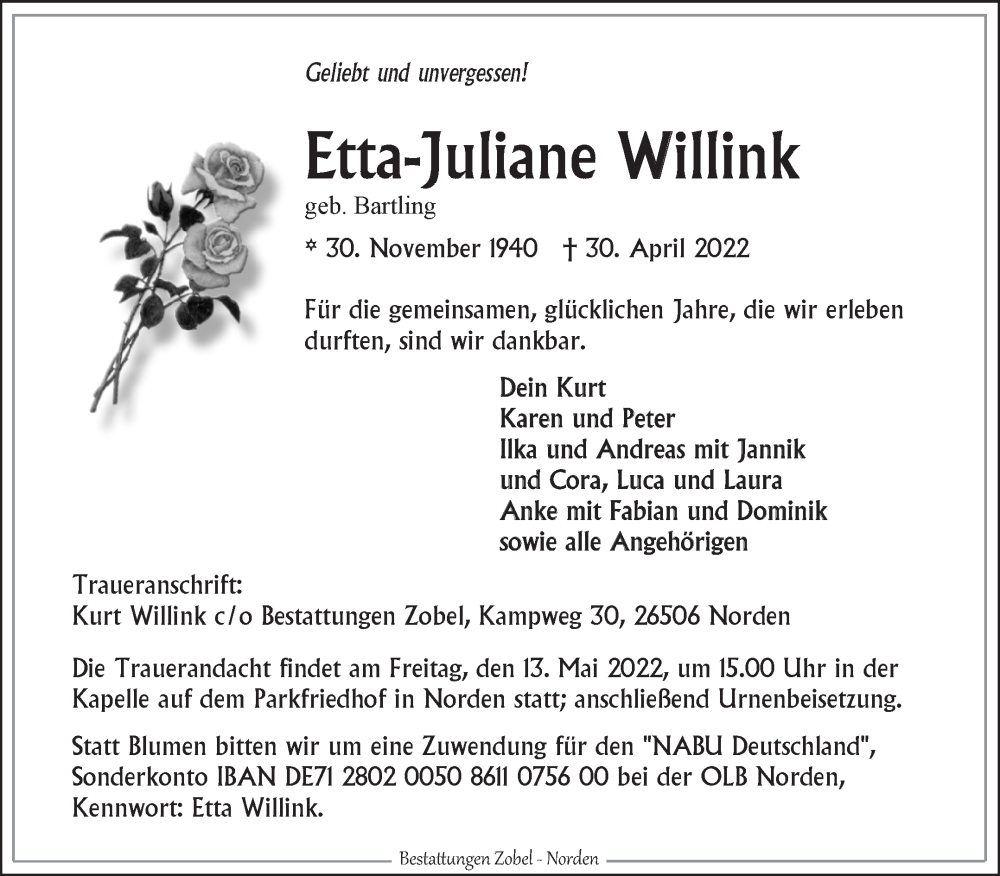 Traueranzeige für Etta-Juliane Willink vom 07.05.2022 aus 