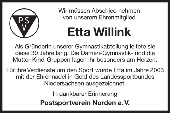 Traueranzeige von Etta Willink 