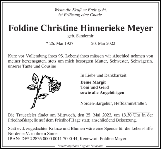 Traueranzeige von Foldine Christine Hinnerieke Meyer 