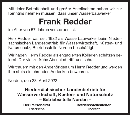 Traueranzeige von Frank Redder 