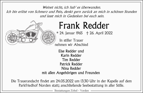 Traueranzeige von Frank Redder 
