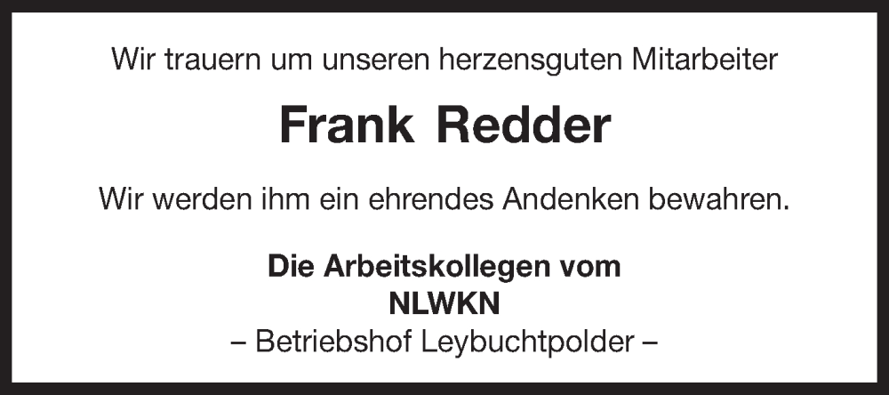  Traueranzeige für Frank Redder vom 21.05.2022 aus 