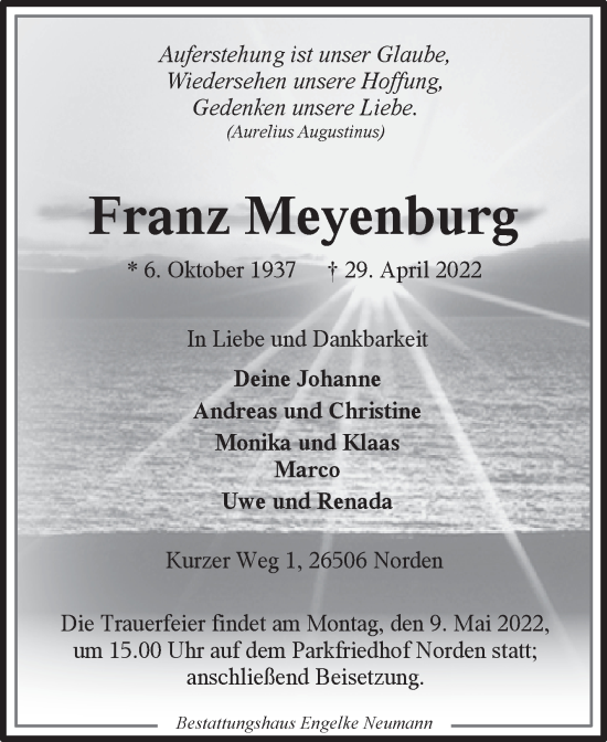 Traueranzeige von Franz Meyenburg 