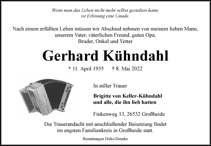  Traueranzeige für Gerhard Kühndahl vom 11.05.2022 aus 