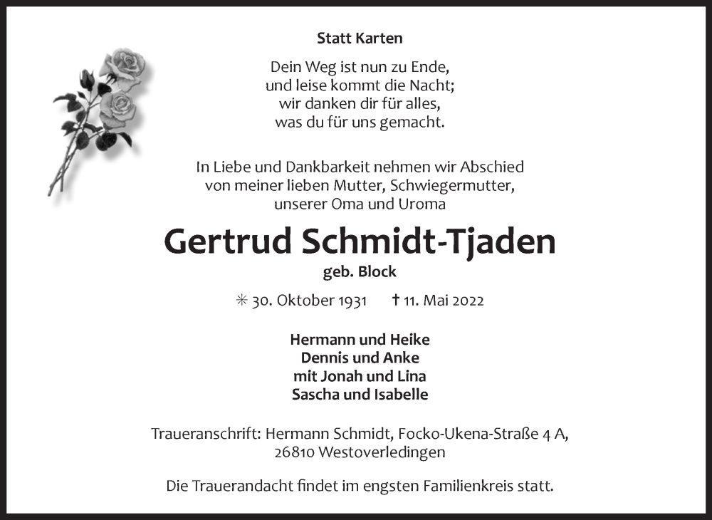  Traueranzeige für Gertrud Schmidt-Tjaden vom 13.05.2022 aus 
