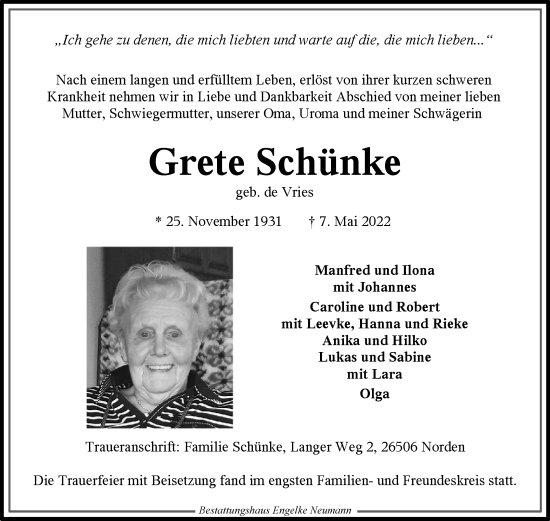 Traueranzeige von Grete Schünke 