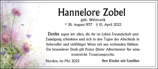 Traueranzeige von Hannelore Zobel 