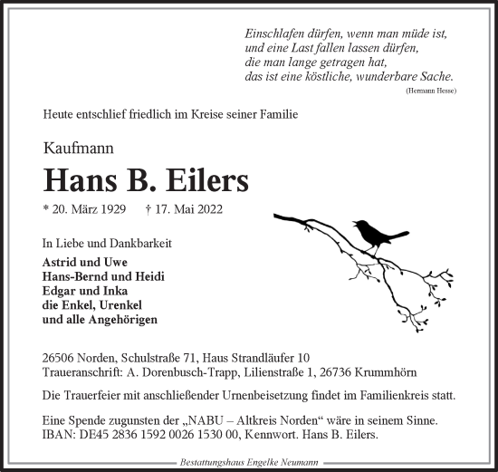 Traueranzeige von Hans B. Eilers 