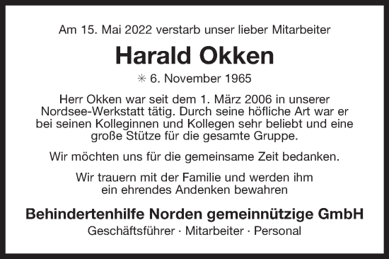 Traueranzeige von Harald Okken 