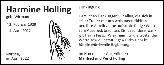Traueranzeige von Harmine Holling 