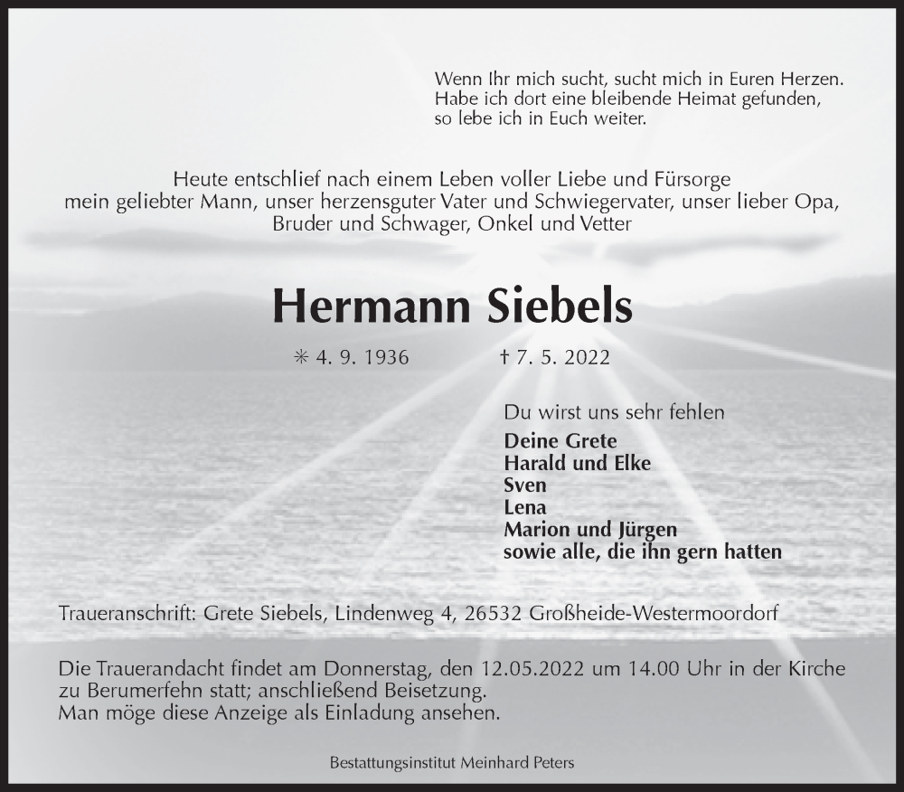  Traueranzeige für Hermann Siebels vom 10.05.2022 aus 