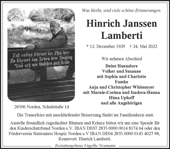 Traueranzeige von Hinrich Janssen Lamberti 