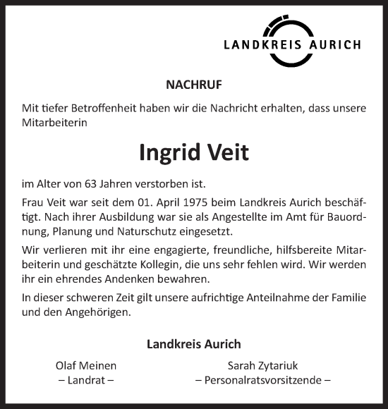 Traueranzeige von Ingrid Veit 