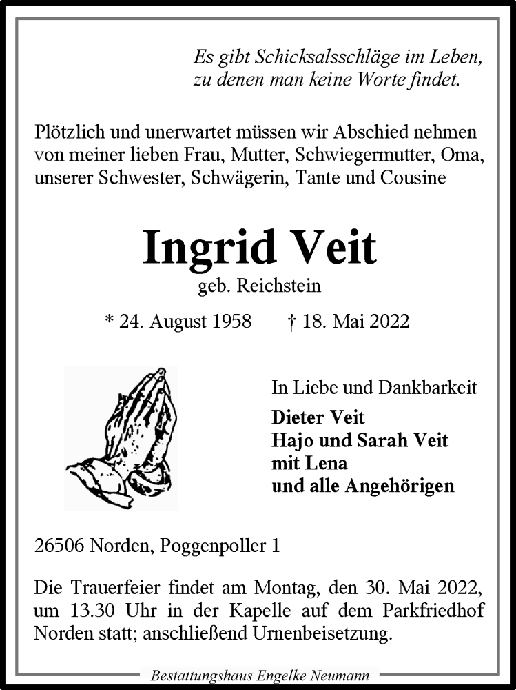  Traueranzeige für Ingrid Veit vom 20.05.2022 aus 