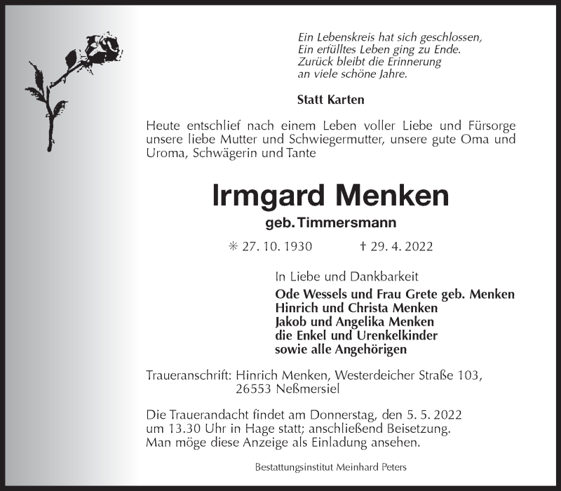  Traueranzeige für Irmgard Menken vom 03.05.2022 aus 