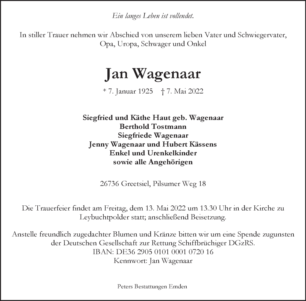  Traueranzeige für Jan Wagenaar vom 10.05.2022 aus 