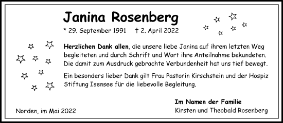 Traueranzeige von Janina Rosenberg 