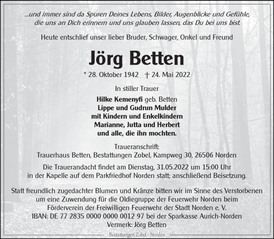 Traueranzeige von Jörg Betten 