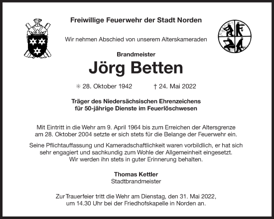 Traueranzeige von Jörg Betten 