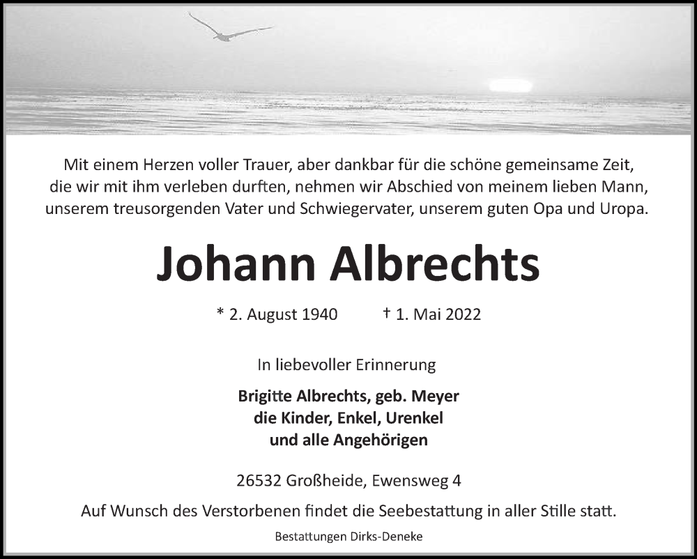  Traueranzeige für Johann Albrechts vom 07.05.2022 aus 