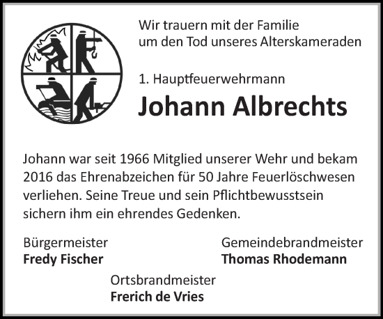 Traueranzeige von Johann Albrechts 