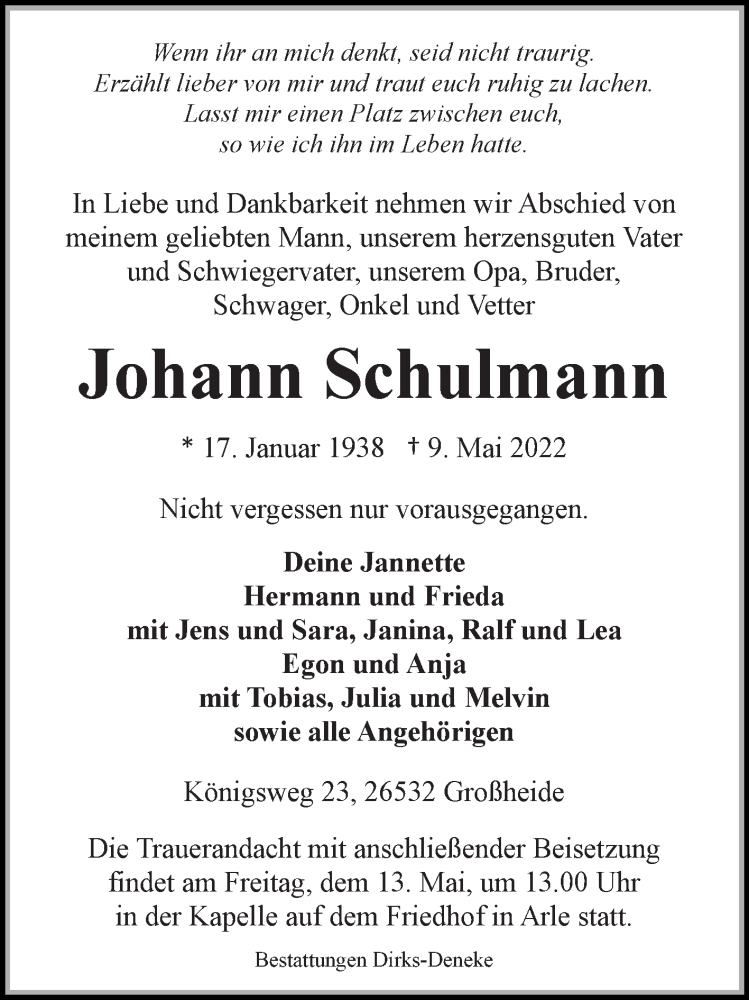  Traueranzeige für Johann Schulmann vom 11.05.2022 aus 