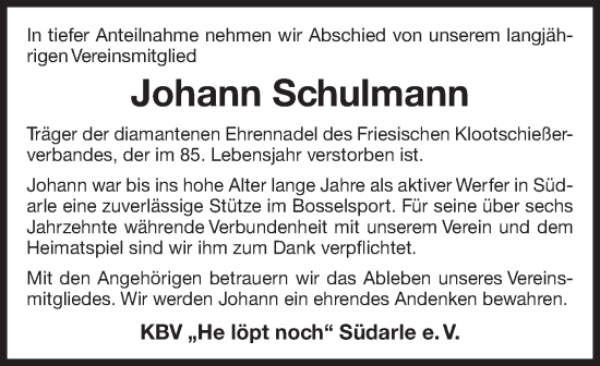 Traueranzeige von Johann Schulmann 