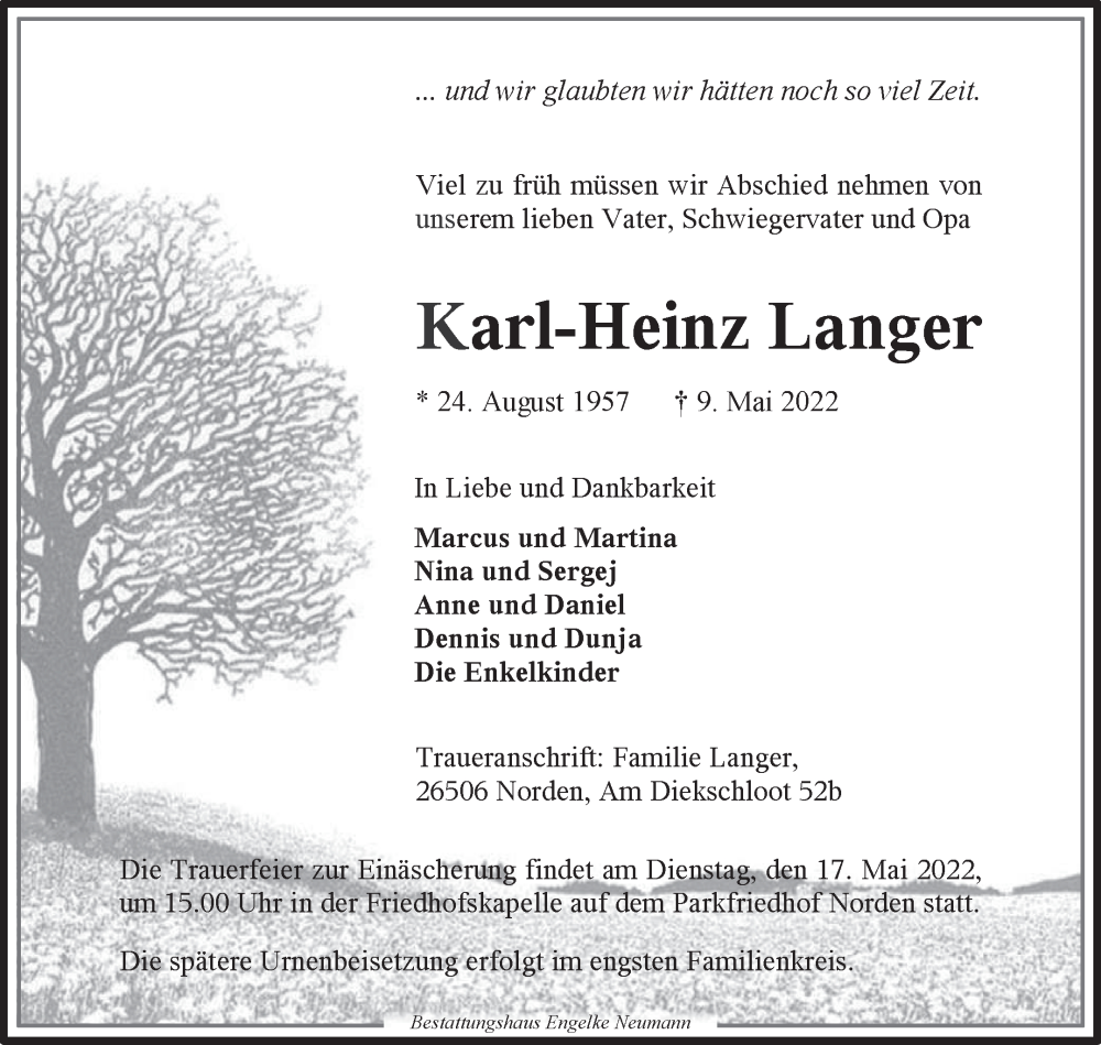  Traueranzeige für Karl-Heinz Langer vom 12.05.2022 aus 