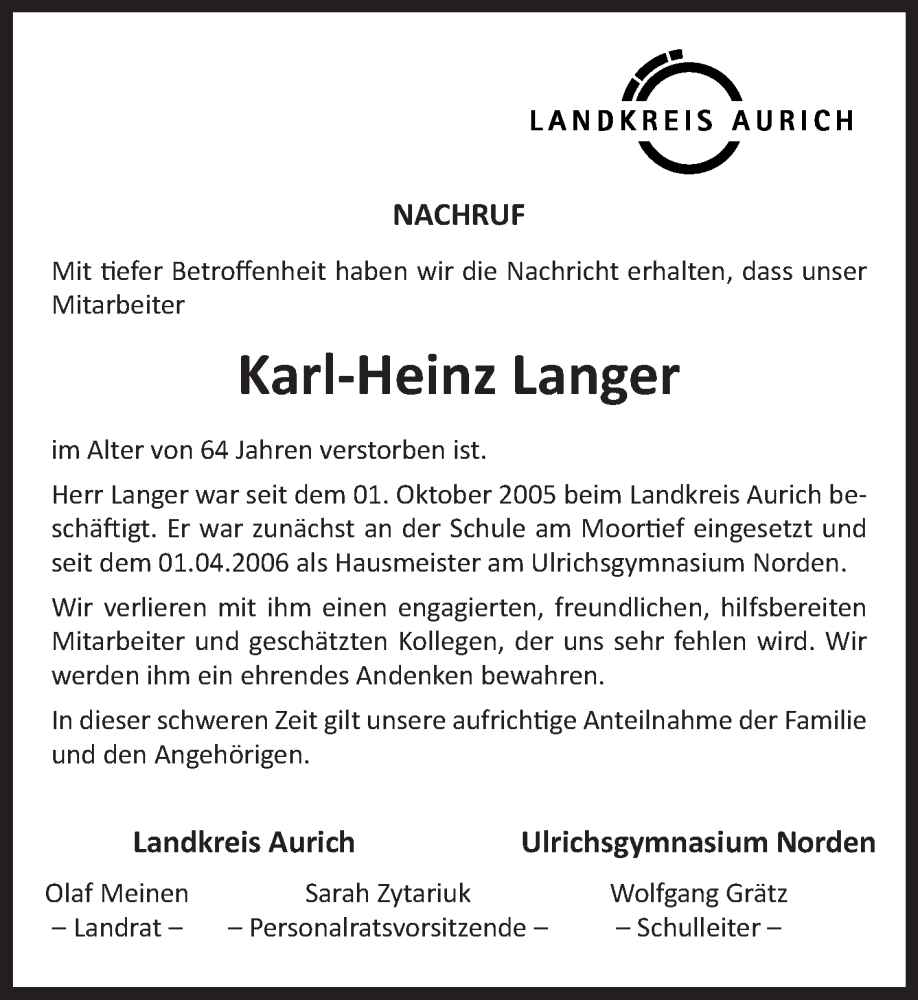  Traueranzeige für Karl-Heinz Langer vom 13.05.2022 aus 