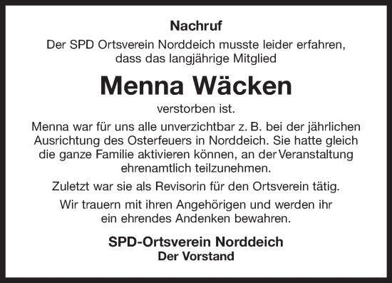 Traueranzeige von Menna Wäcken 