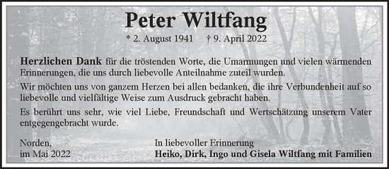 Traueranzeige von Peter Wiltfang 