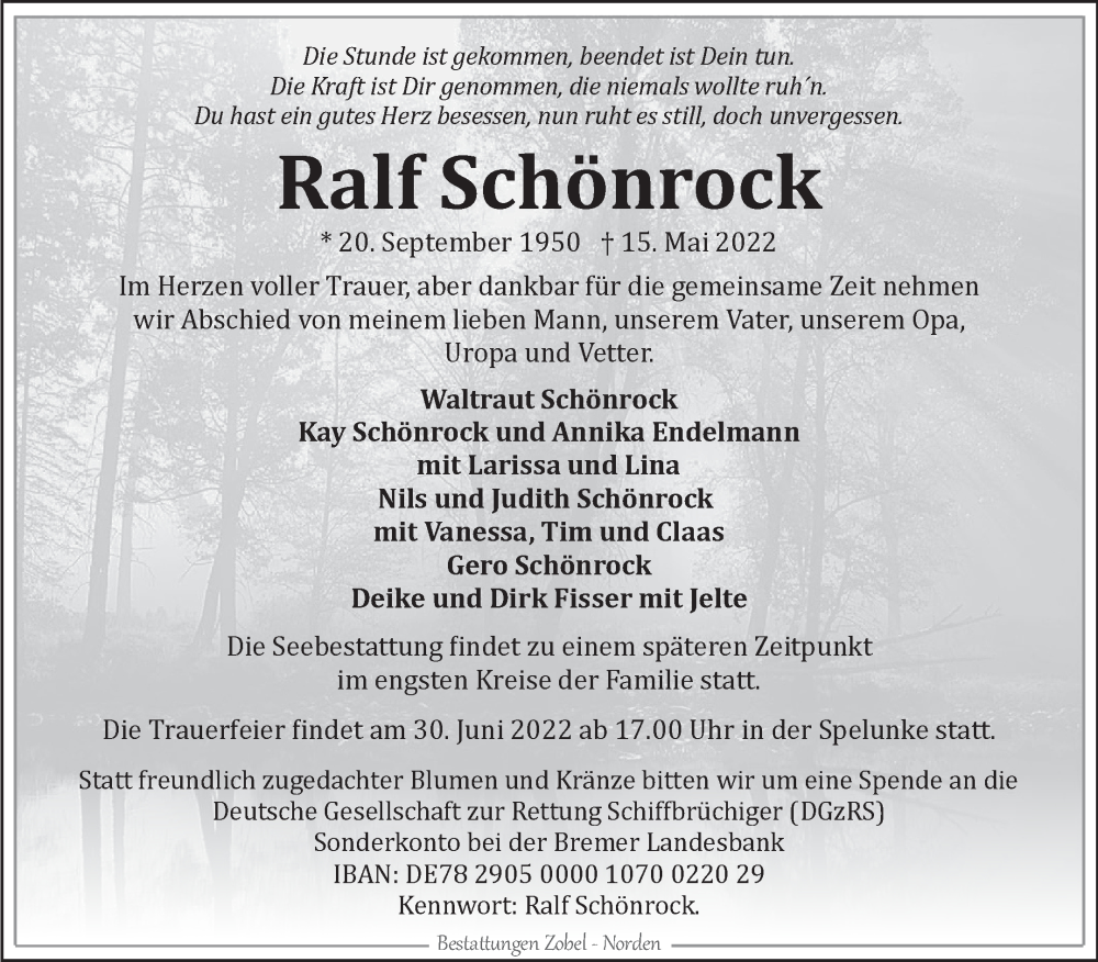  Traueranzeige für Ralf Schönrock vom 21.05.2022 aus 