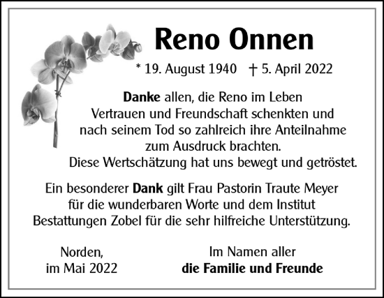 Traueranzeige von Reno Onnen 
