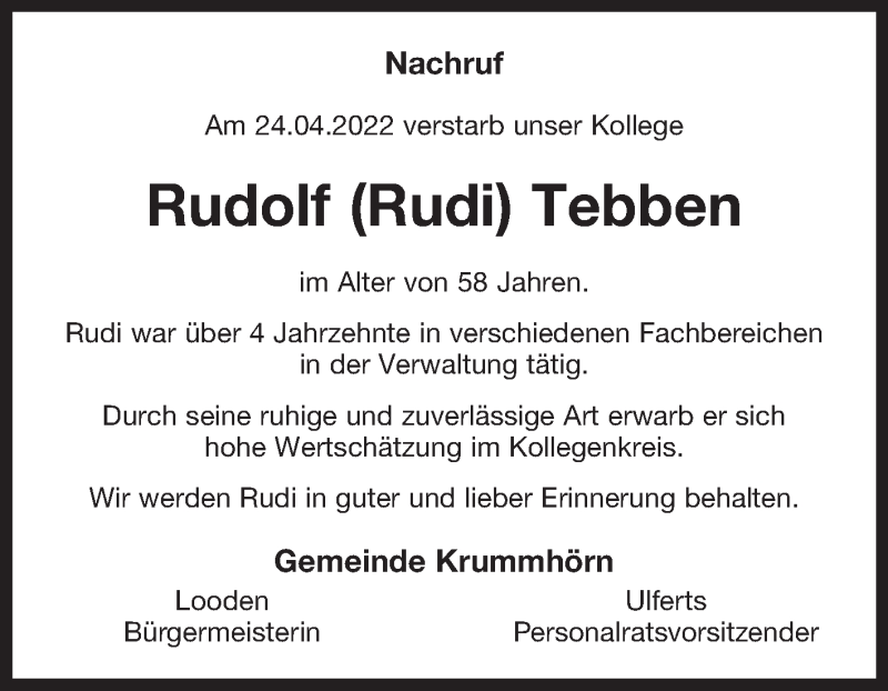  Traueranzeige für Rudolf  Tebben vom 11.05.2022 aus 