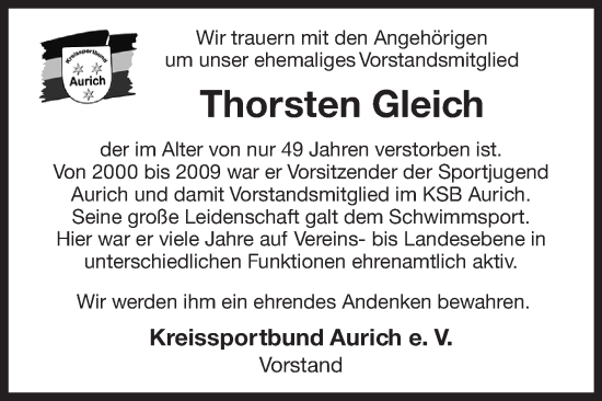 Traueranzeige von Thorsten Gleich 