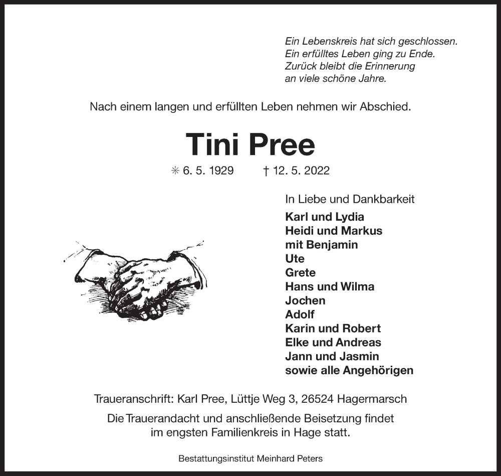  Traueranzeige für Tini Pree vom 14.05.2022 aus 