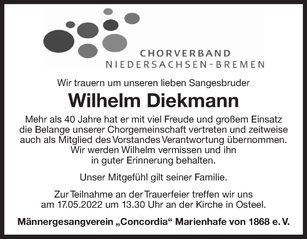  Traueranzeige für Wilhelm Diekmann vom 14.05.2022 aus 